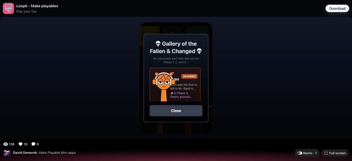 Sprunki Sandbox gallery overlay titled Gallery of the Fallen & Changed