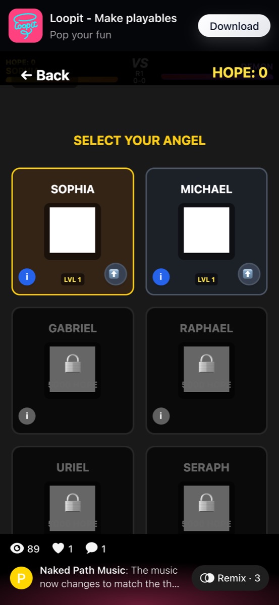 Stage Music Shifter Select Your Angel screen with Sophia, Michael, and locked angels.
