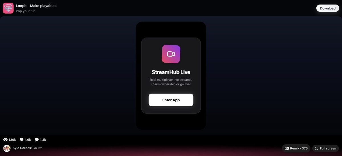 StreamHub Live intro card with the Enter App button on Loopit
