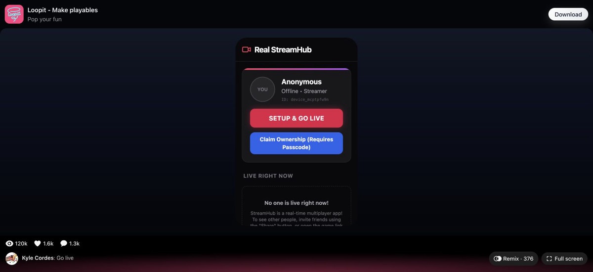 StreamHub Live dashboard showing setup and claim controls with no one live