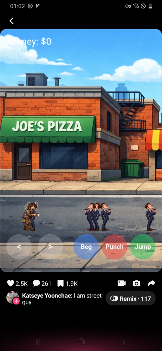 Street Guy Action showing Beg Punch and Jump controls.