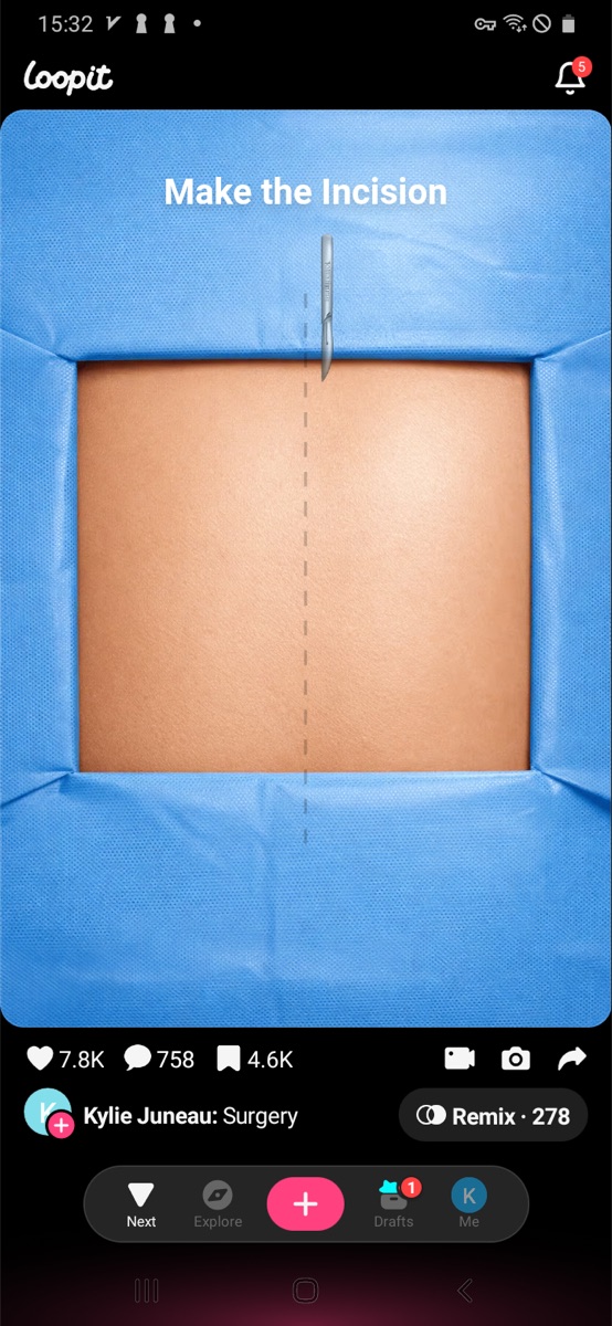 Loopit Surgery starting screen with Make the Incision prompt, scalpel, and dashed vertical guide.