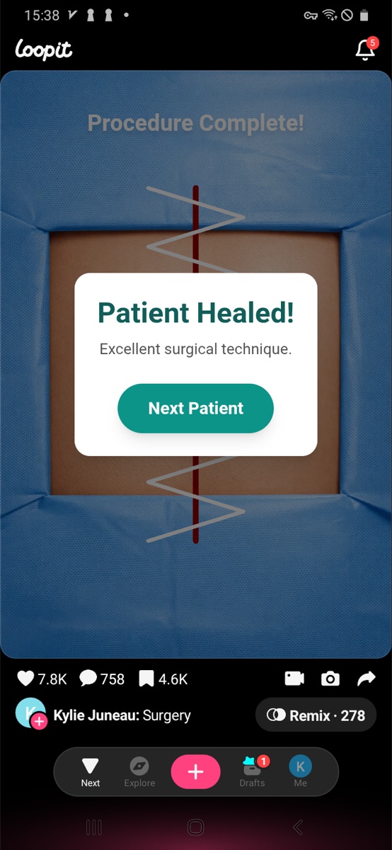 Loopit Surgery success overlay saying Procedure Complete and Patient Healed.