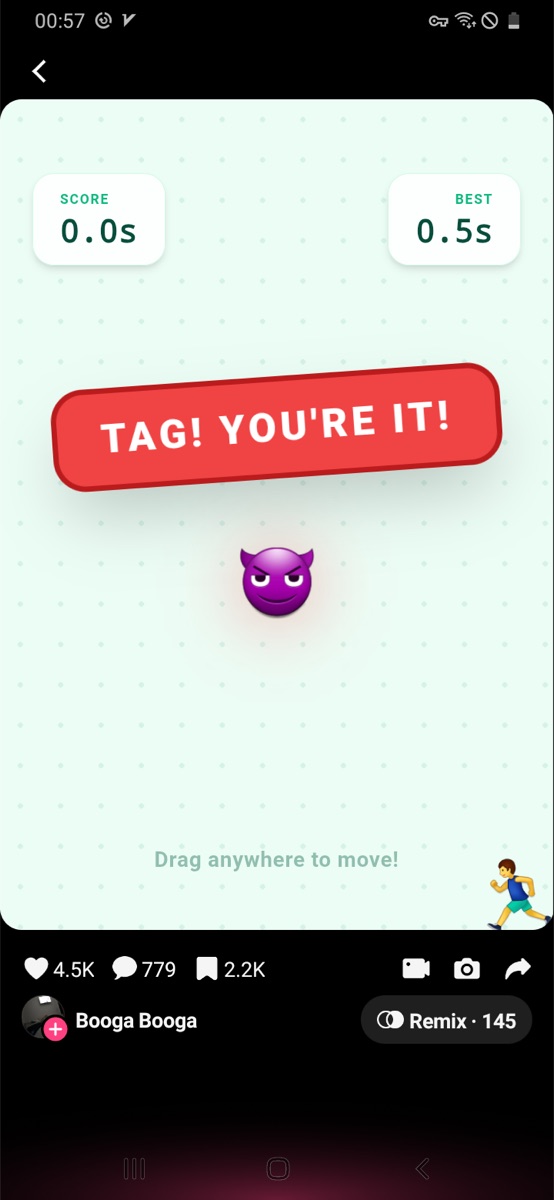 Tag You're It active arena with score, best time, runner, and tagger.