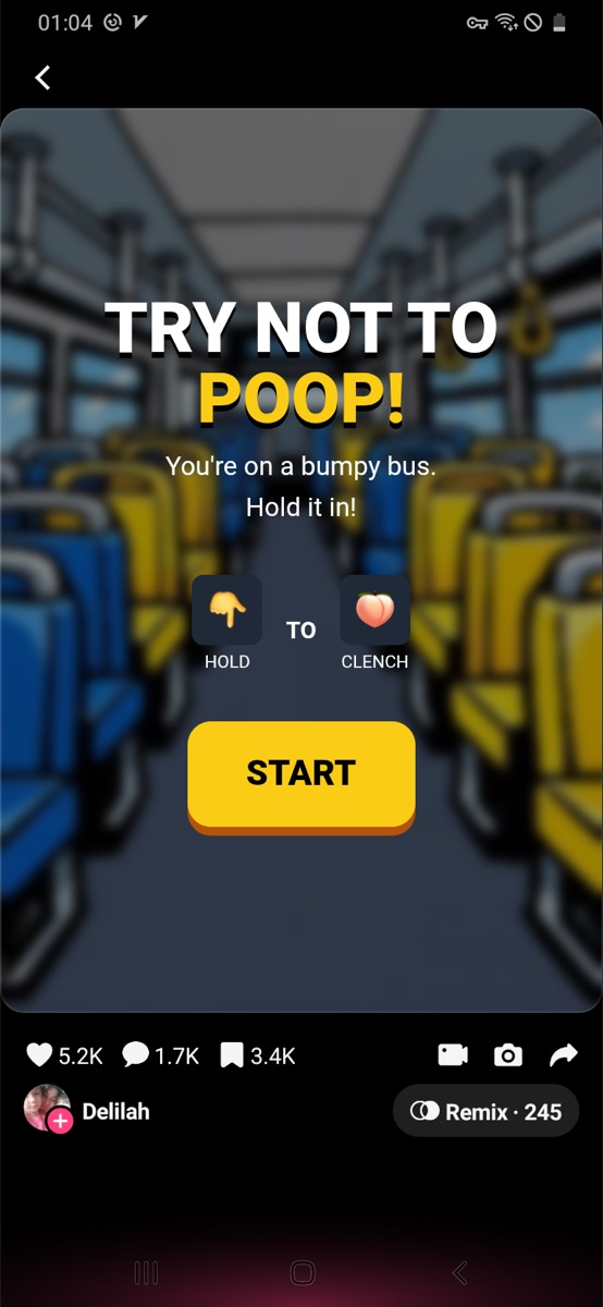 Try Not To Poop start screen on a bus with hold to clench prompt.