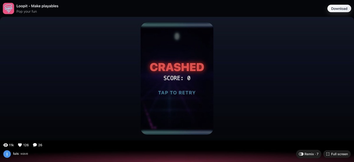 Wave crash screen with CRASHED and score 0 on Loopit