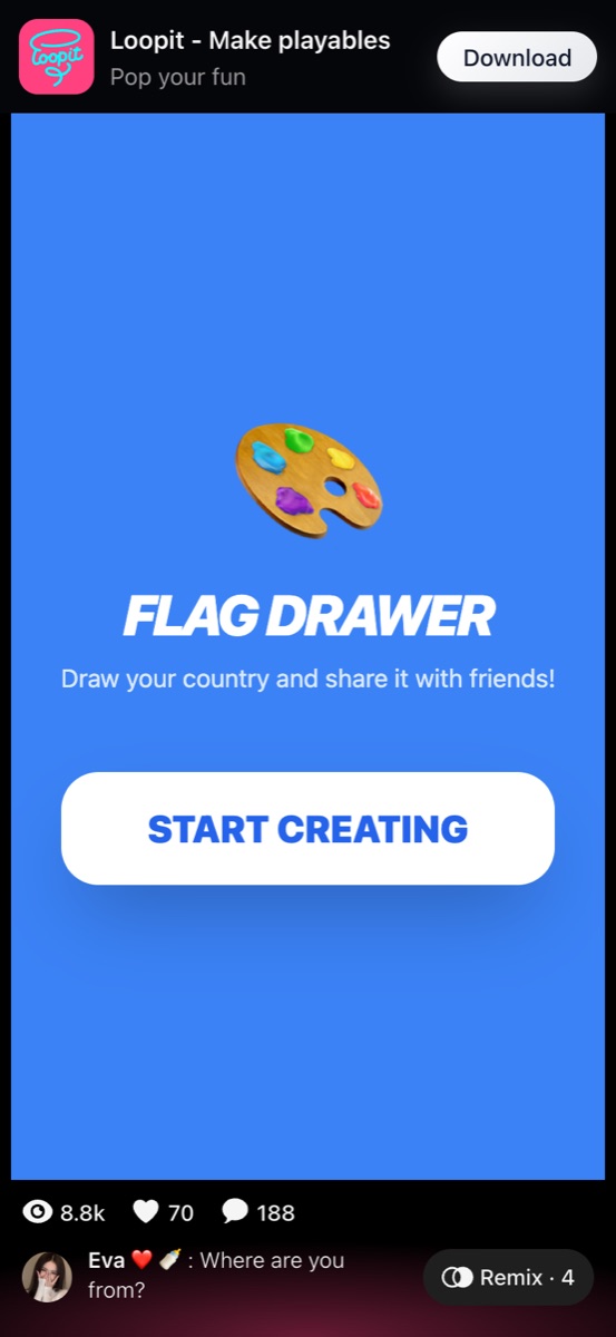 Where Are You From Flag Drawer start screen with Start Creating button.