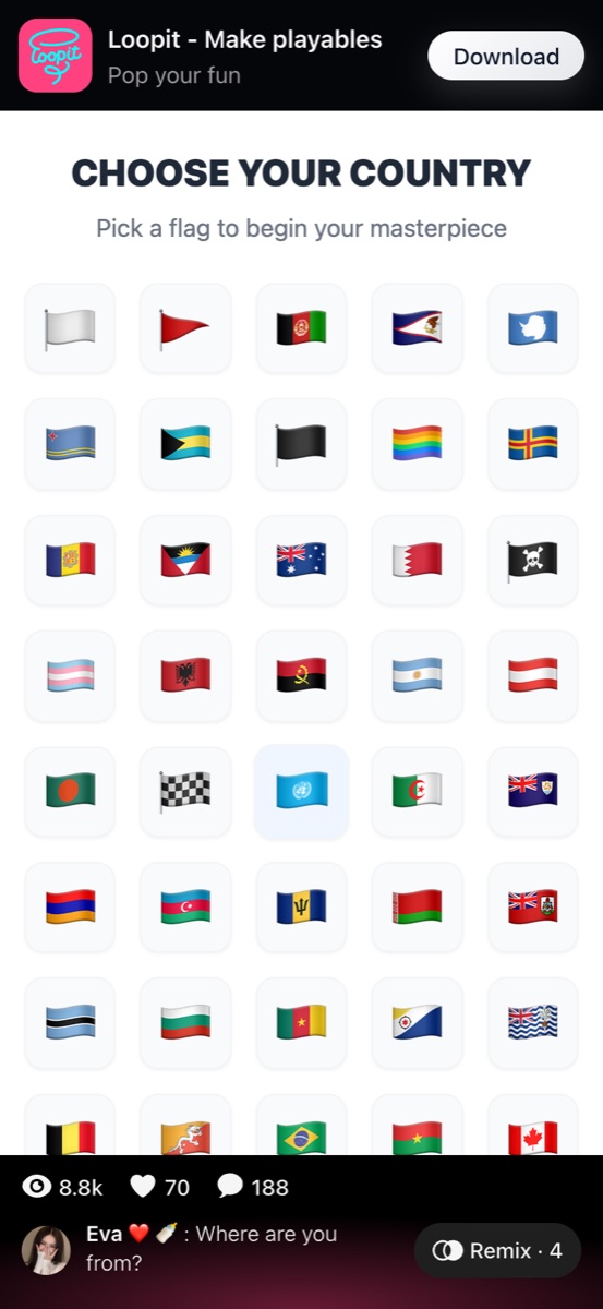 Where Are You From Choose Your Country grid with many flag tiles.