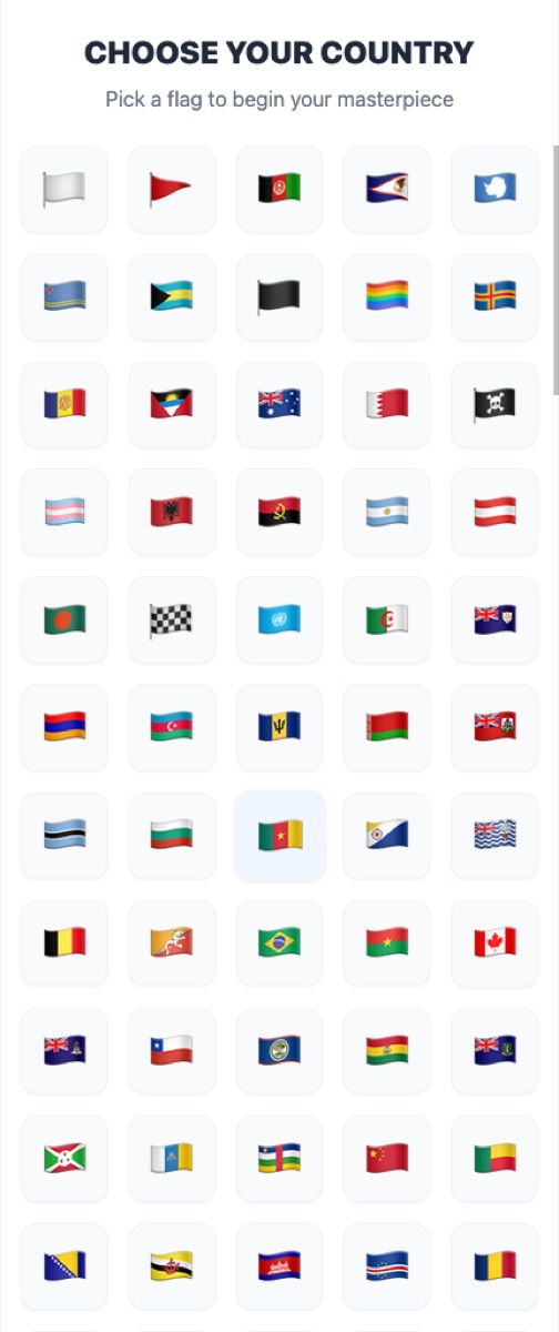 Where Are You From live Choose Your Country grid after Start Creating.