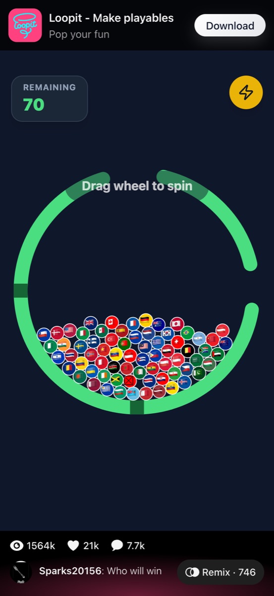 Who Will Win starting screen with Remaining 70 and country flag balls inside a green wheel.