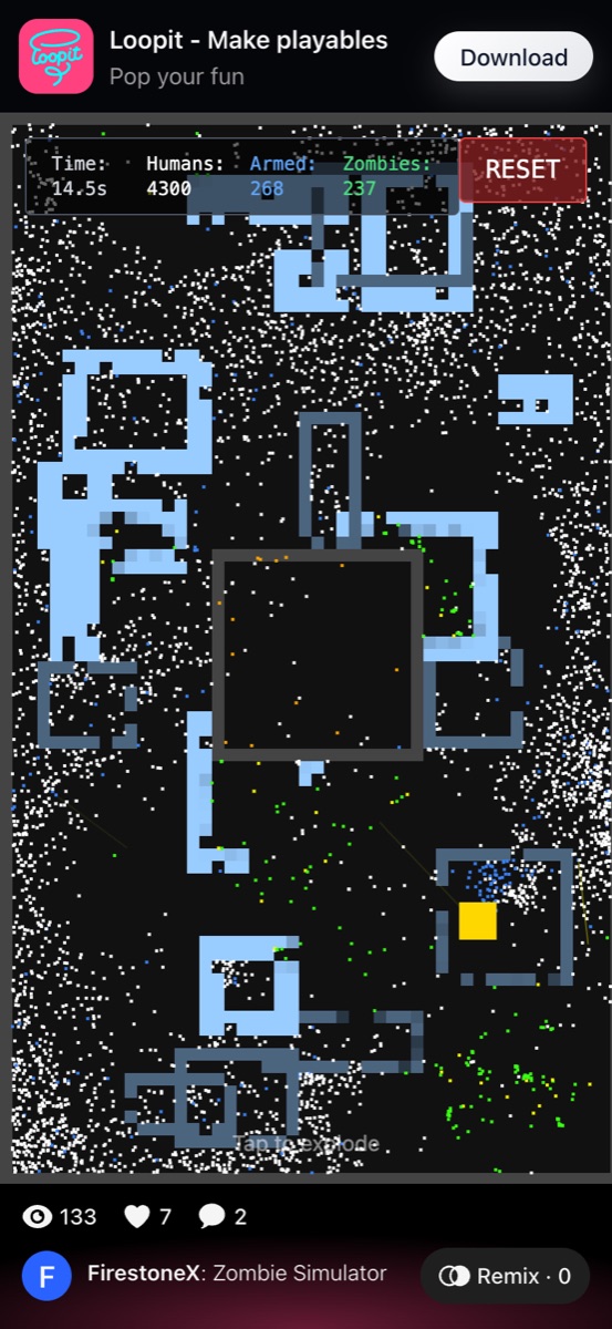 Zombie Simulator at 14.5 seconds showing humans, armed units, zombies, and Tap to explode.